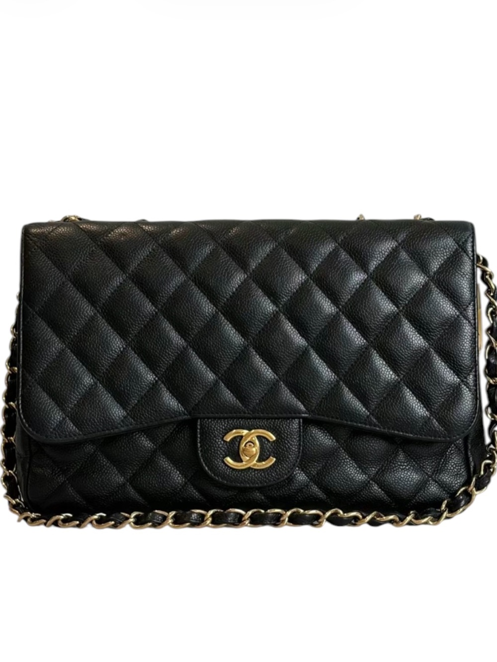 CHANEL JUMBO Single Flap CC Logo Caviar Chain Shoulder Bag